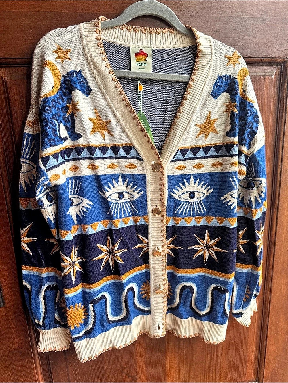 Farm Rio Mixed Mystical Ainika Buttoned Knit Cardigan Blue & Cream Medium
